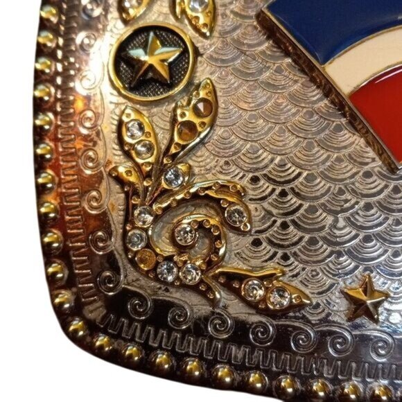 Belt Buckle Flag Dominican Republic Clear Stones Silver Gold Enamel Stars Foral - Picture 8 of 11